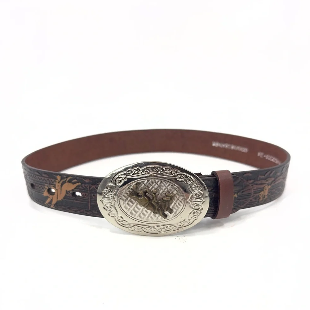 Nocona Western Belt Boys 24 Rodeo Tooled Leather Big Buckle Bull Rider Cowboy